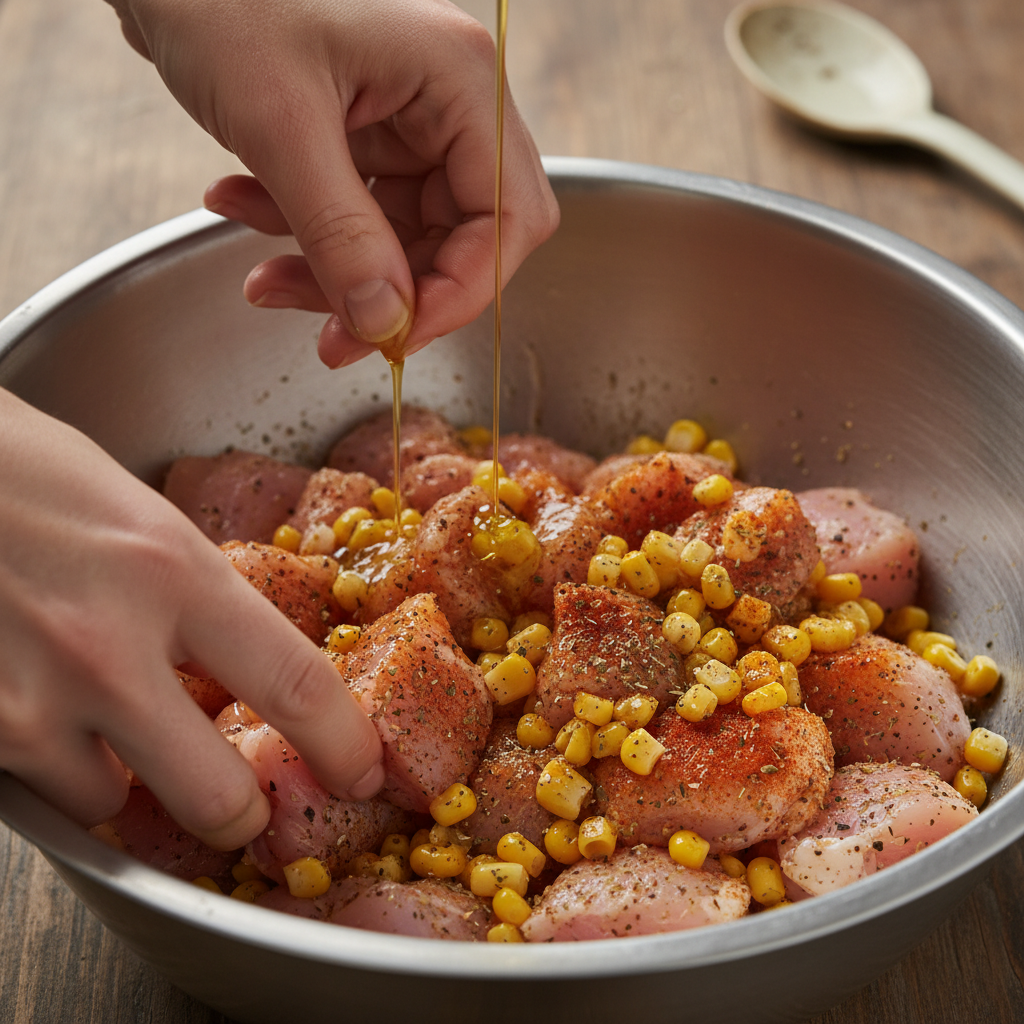Chicken being cooked in skillet for Street Corn Chicken Rice Bowl