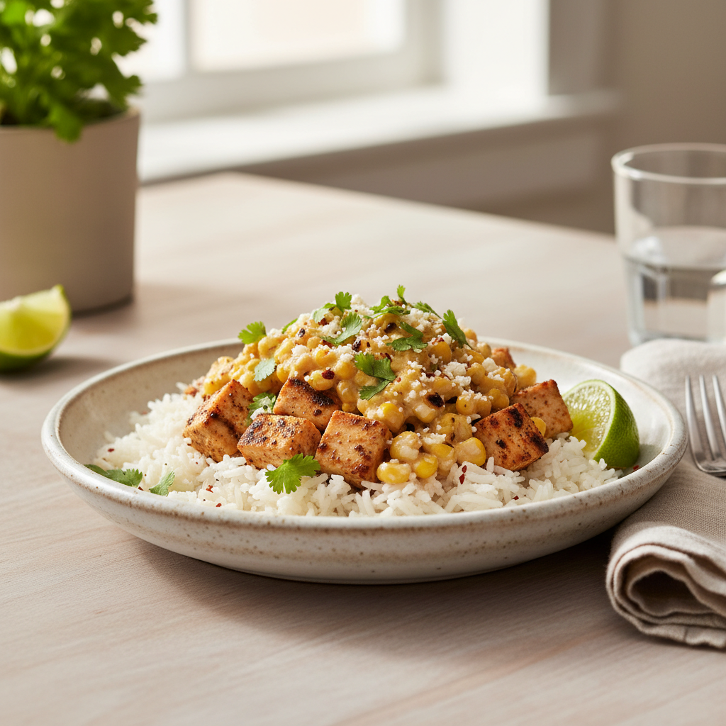 Street Corn Chicken Rice Bowl plated and ready to eat