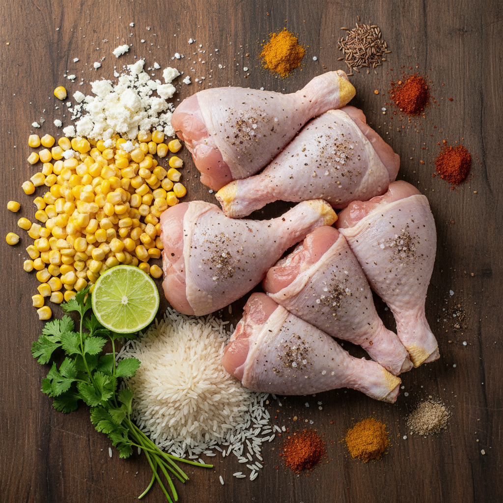 Ingredients for Street Corn Chicken Rice Bowl displayed on a table
