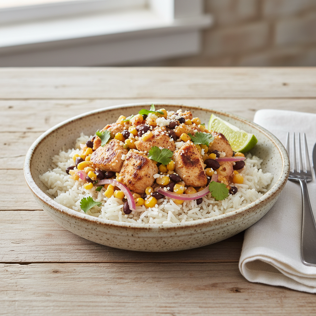 Final bowl of Street Corn Chicken Rice Bowl with toppings and lime