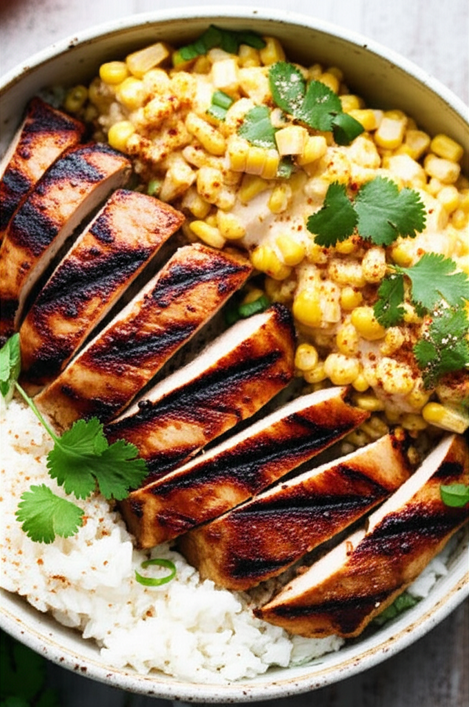 Street Corn Chicken Rice Bowl plated with fresh garnishes