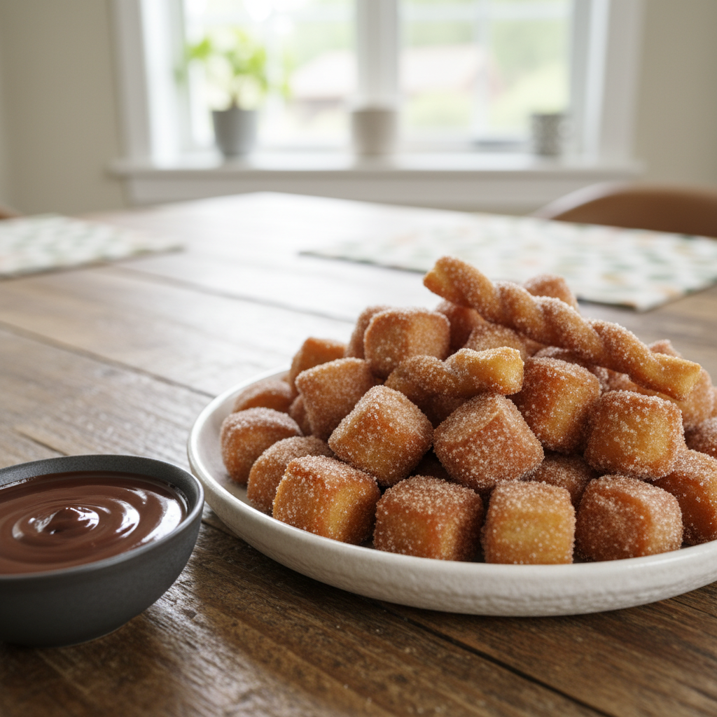 Air fried churro bites served with chocolate syrup