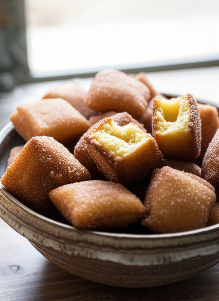 Closeup of golden churro bites coated with cinnamon sugar