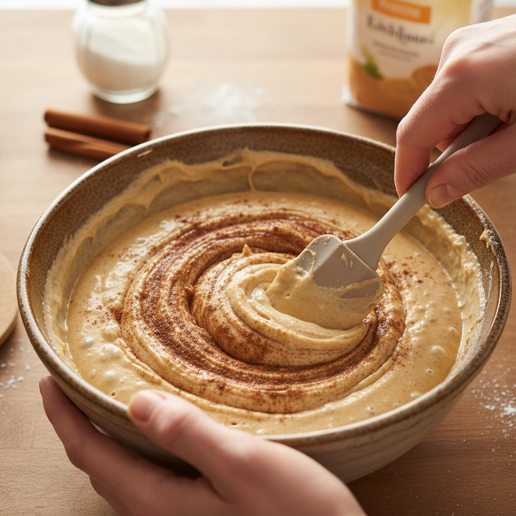 Mixing flour and baking soda for Cinnamon Buttermilk Loaf