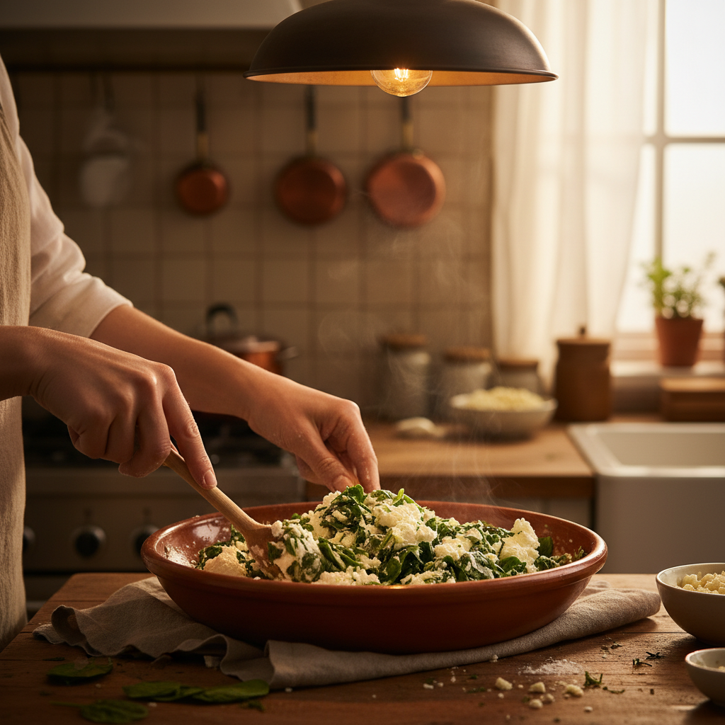 Mixing ricotta, garlic, seasoning, and spinach