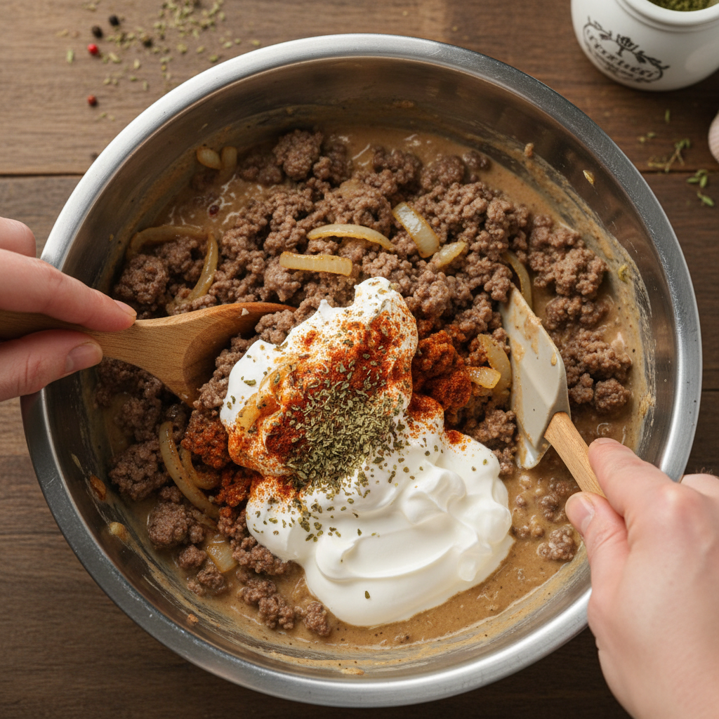 Mixing ground beef, onions, sour cream and soup for creamy casserole mixture