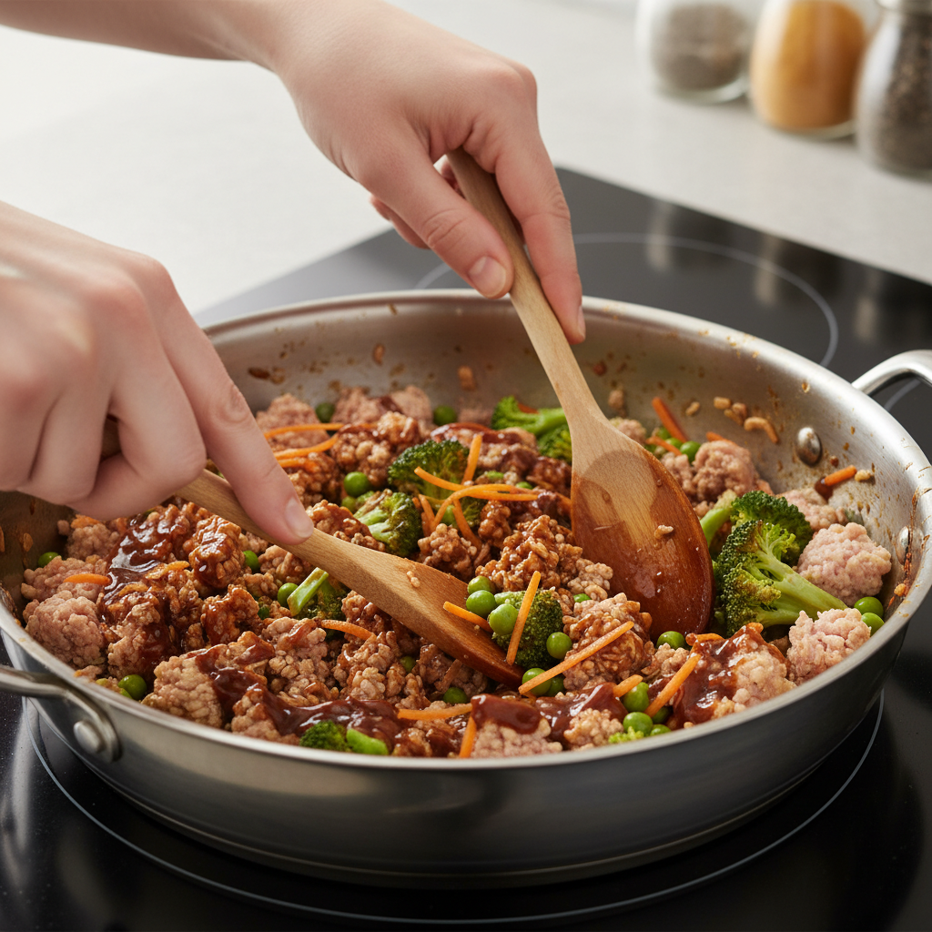 Mixing chopped broccoli, carrots, peas with ground turkey in skillet