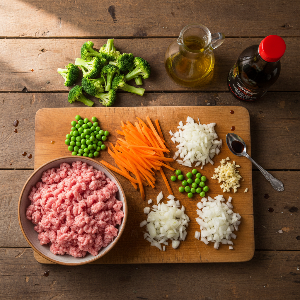 Ingredients for teriyaki ground turkey with broccoli and peas