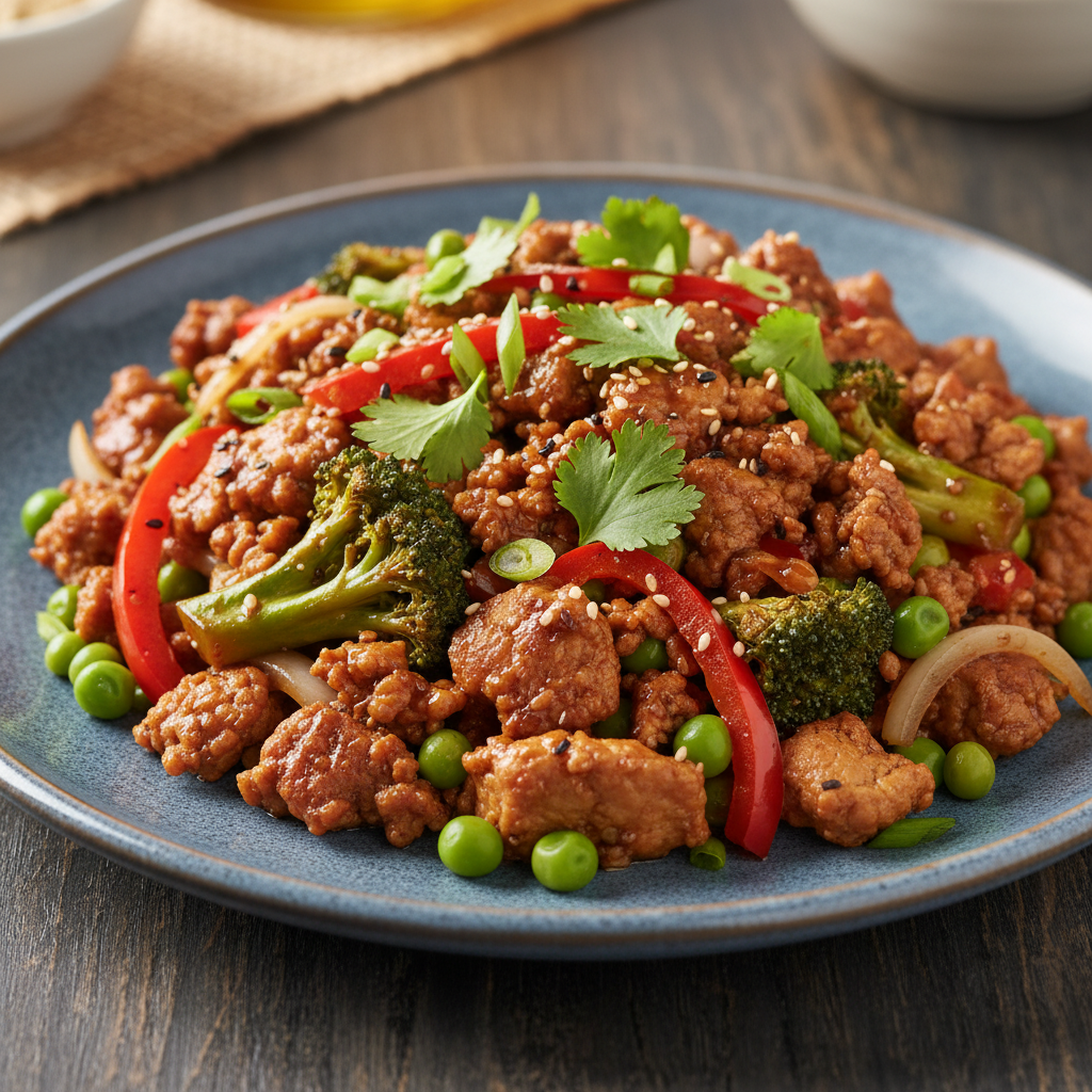 Serving ground turkey with teriyaki sauce, broccoli, and peas with rice