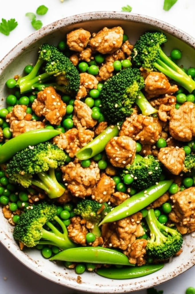 Delicious teriyaki ground turkey stir fry with broccoli and peas
