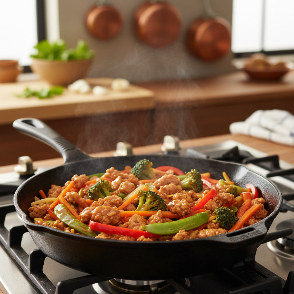Ground turkey browned in a skillet for teriyaki stir-fry