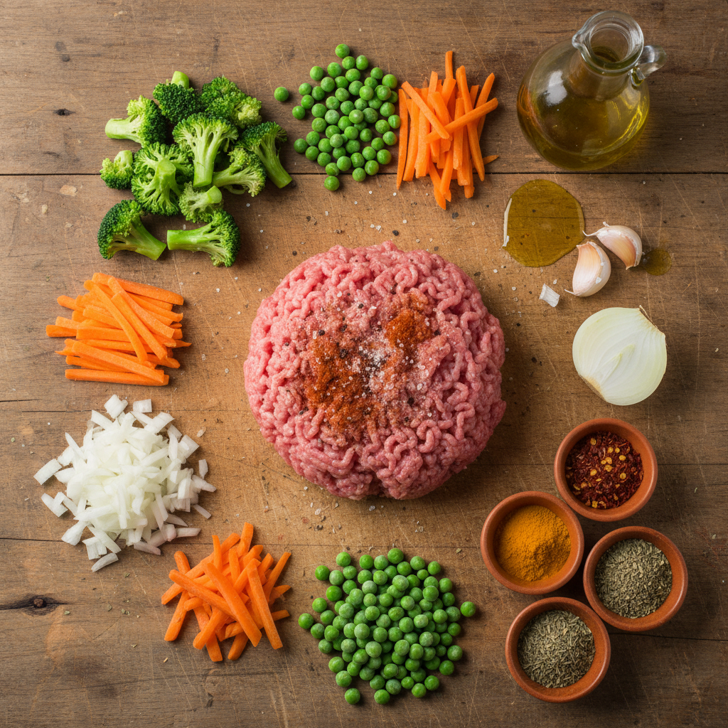 Ingredients for teriyaki ground turkey stir-fry including broccoli, peas, carrots, and sauce