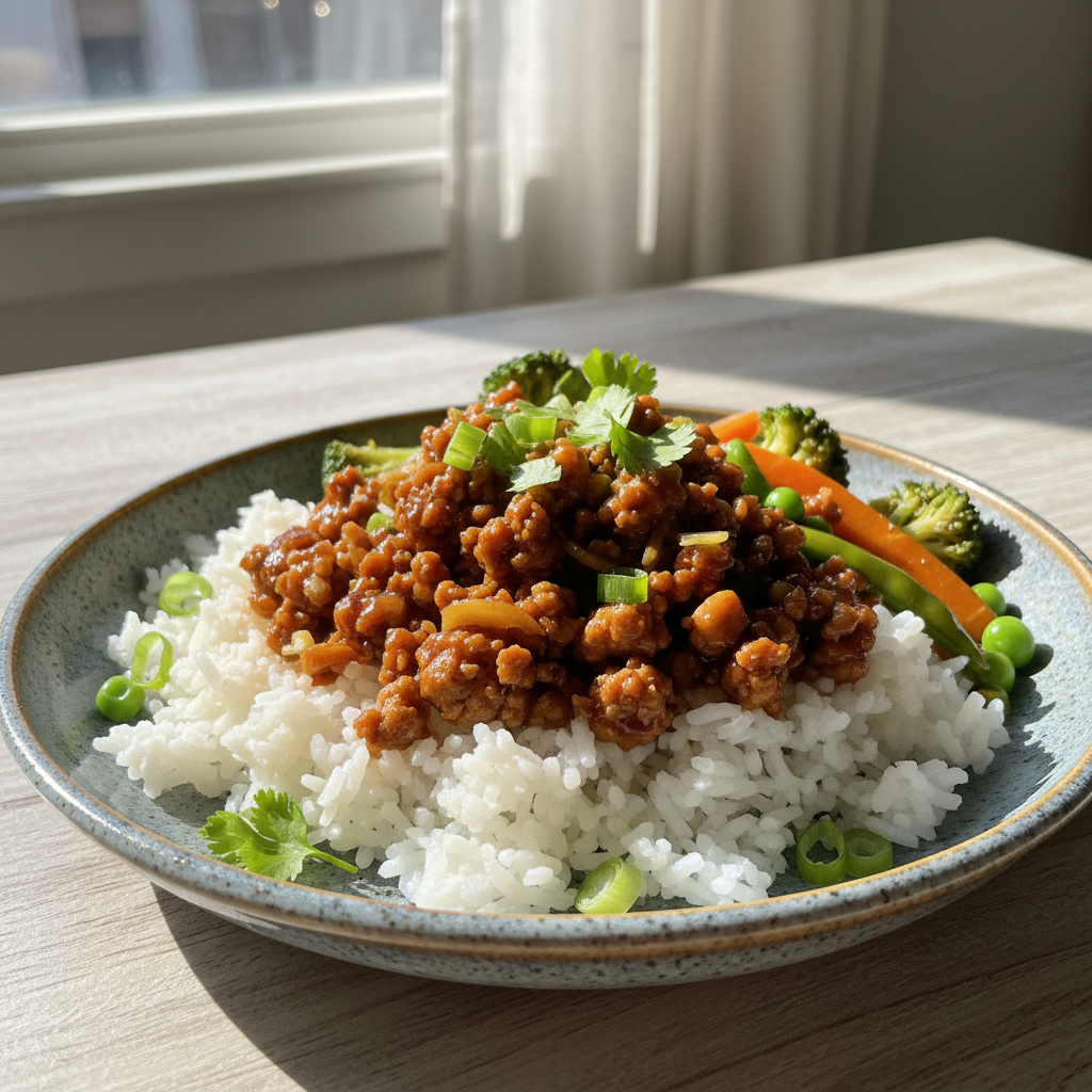 Finished teriyaki ground turkey stir-fry served over rice