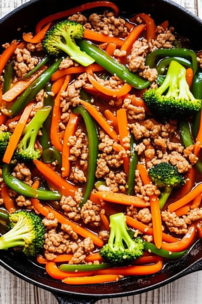 Teriyaki ground turkey stir-fry prepared in a skillet