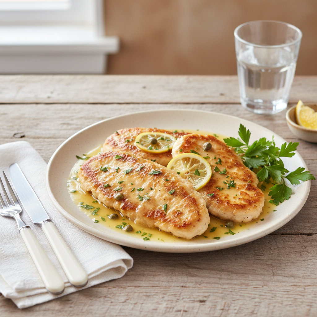 Plated Chicken Scallopini with side dishes and garnish