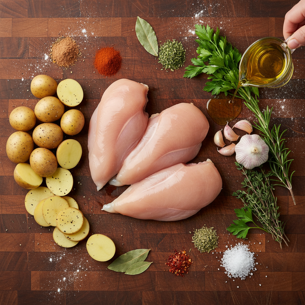 Ingredients for Chicken Scallopini laid out on a table