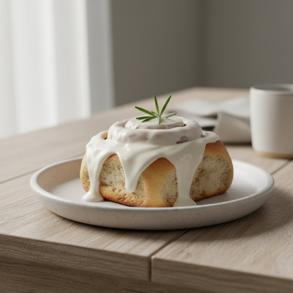 Cream cheese icing spread on warm cinnamon rolls ready to serve