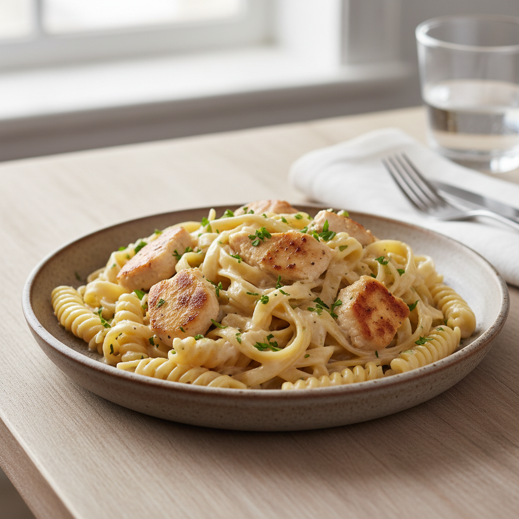 Close up of chicken parmesan pasta ingredients