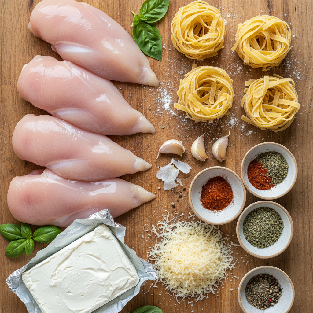 Ingredients for garlic parmesan chicken pasta