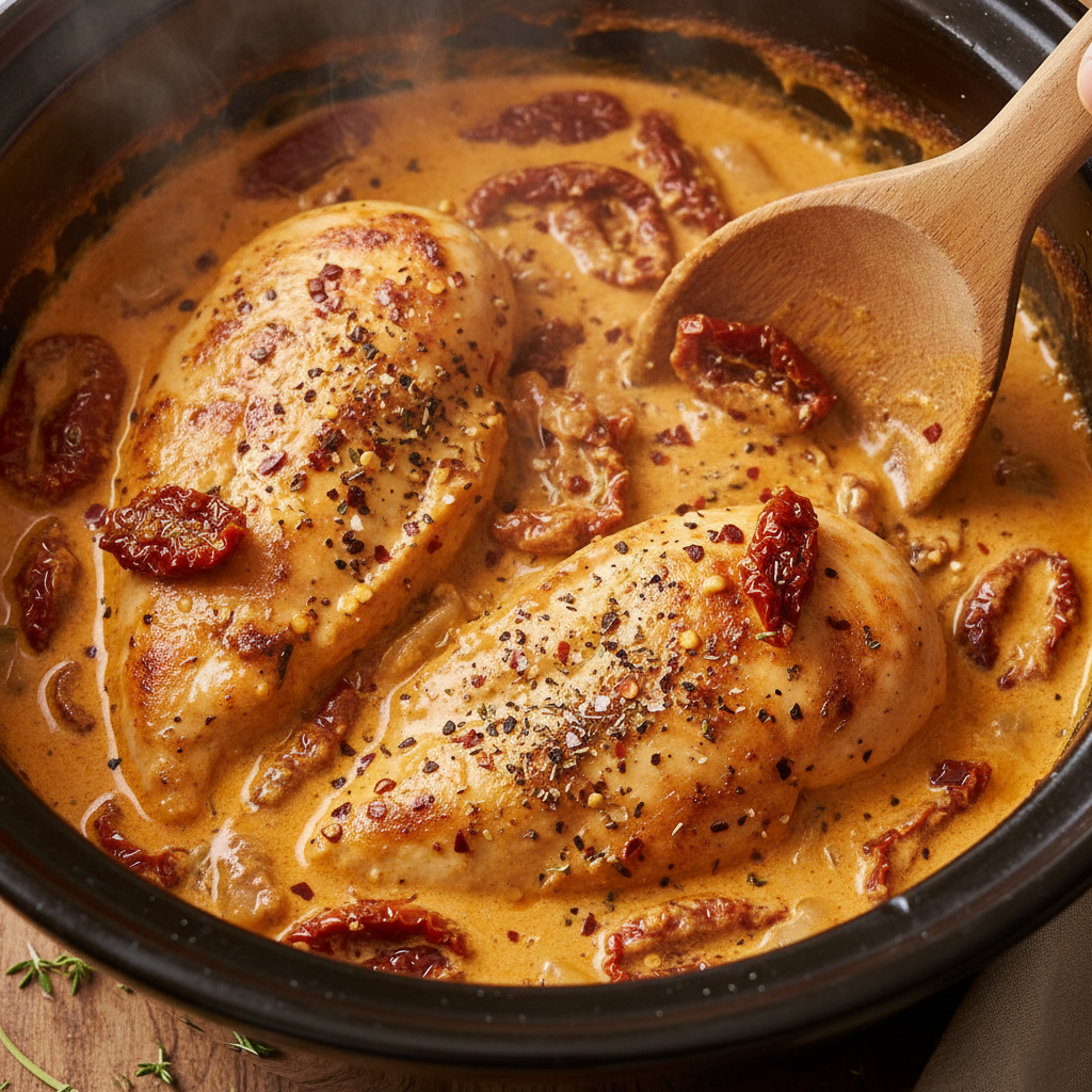 Cream mixture poured over chicken in crockpot