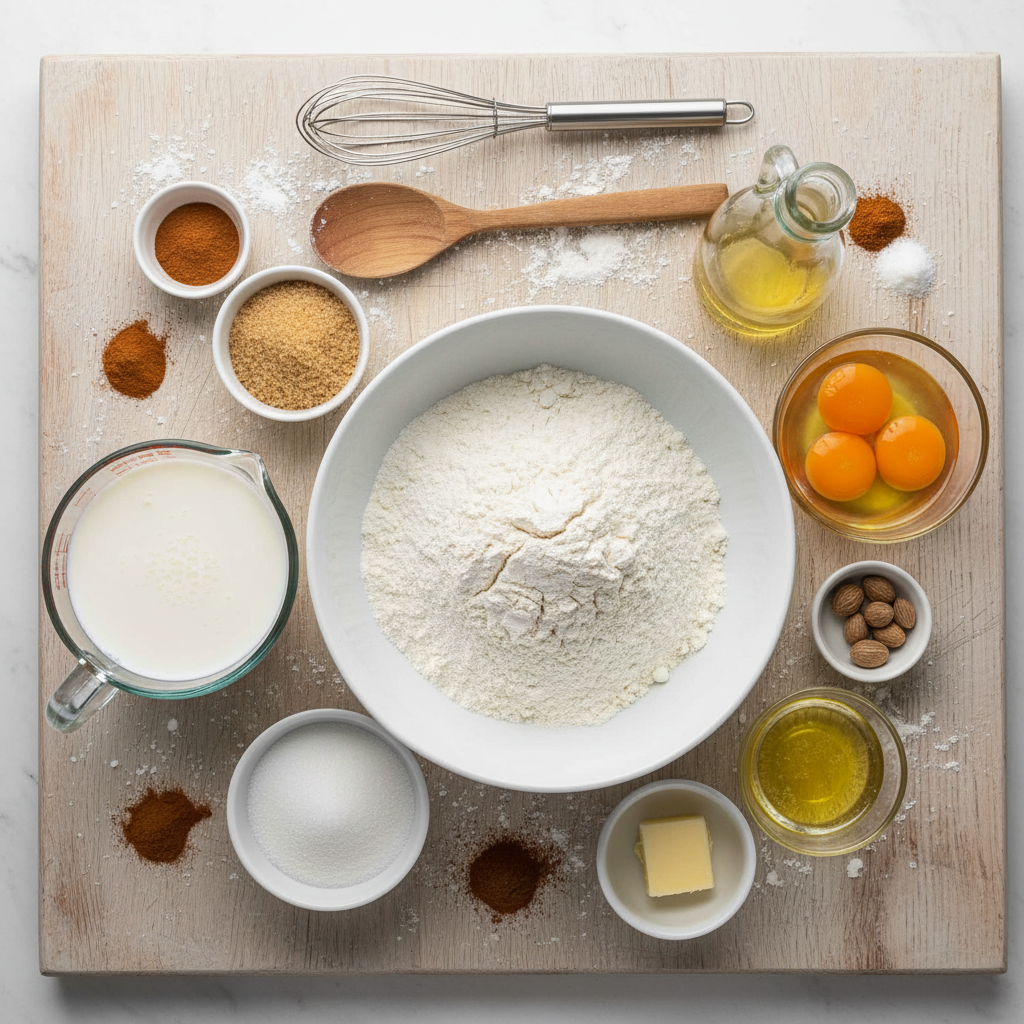 Ingredients laid out for cinnamon buttermilk muffins