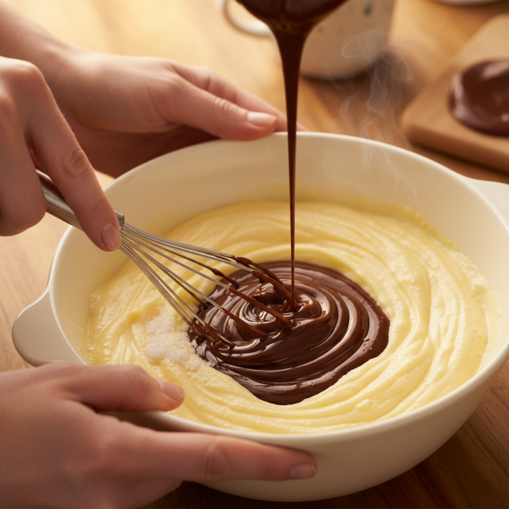 Mixing melted chocolate and butter with beaten eggs and sugar
