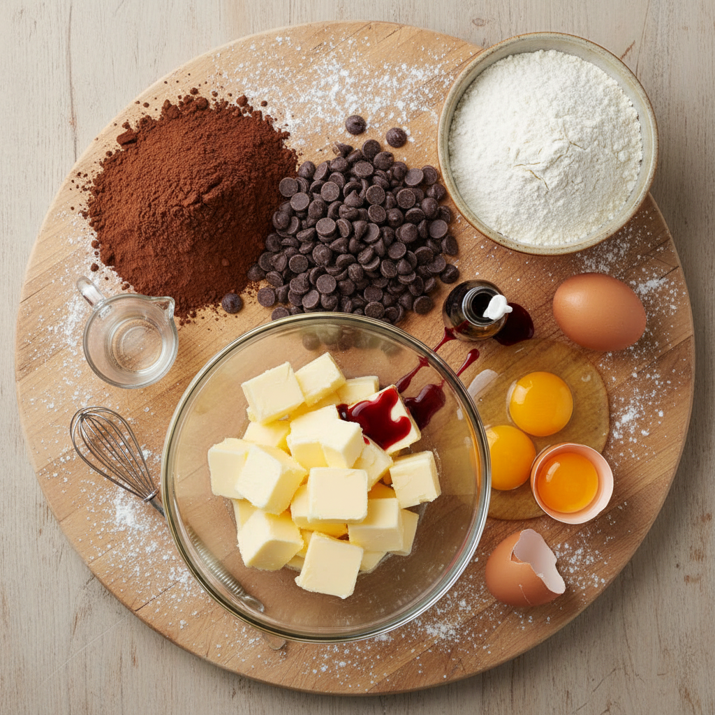 Ingredients for fudgy red velvet brownies