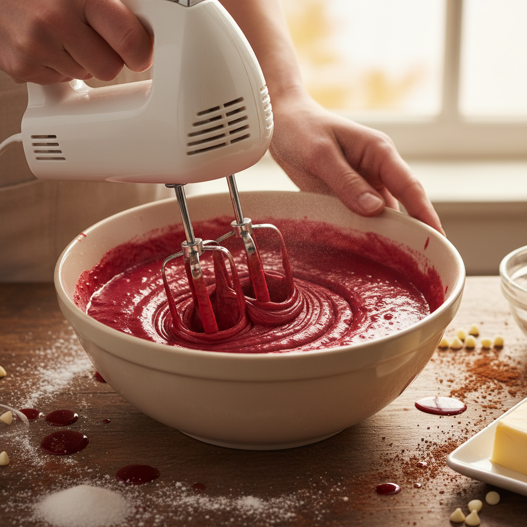 Mixing wet ingredients for red velvet brownies
