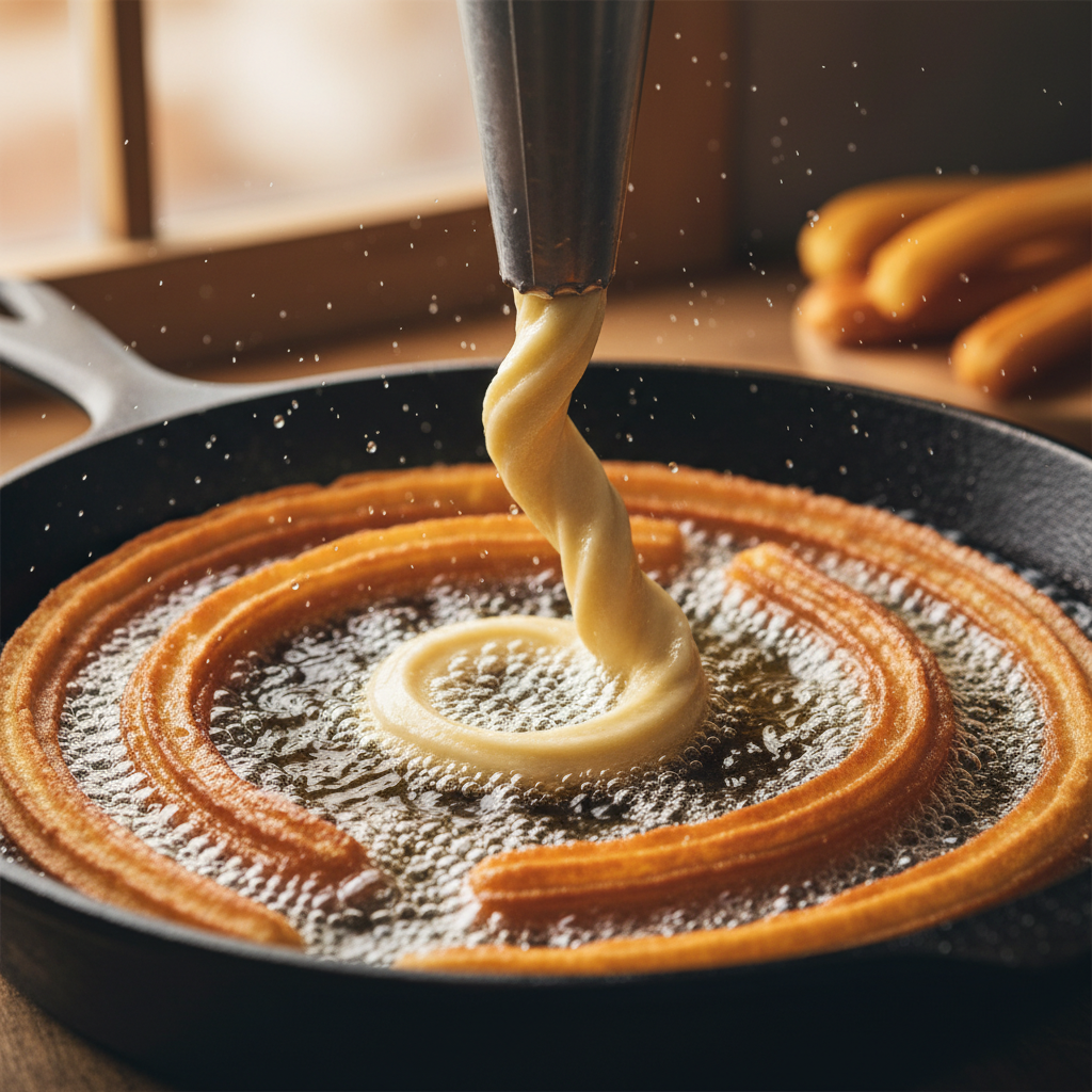 Piping and frying churros in hot oil