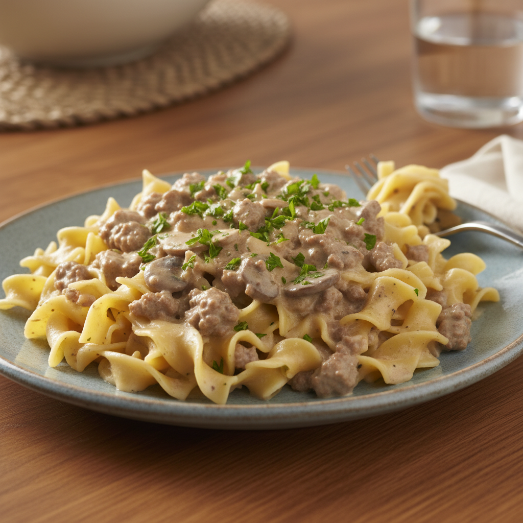 Finished creamy Hamburger Stroganoff served in bowl
