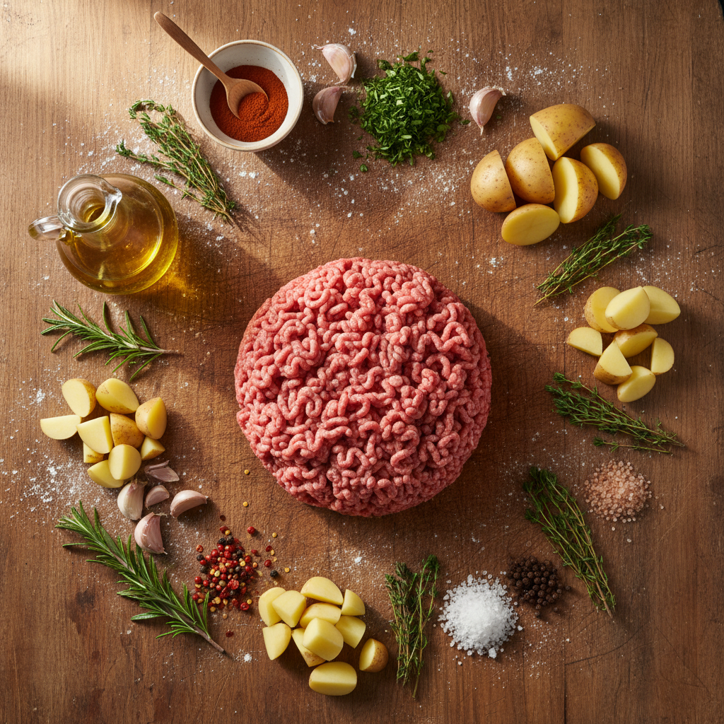 Ingredients in bowls for Hamburger Stroganoff