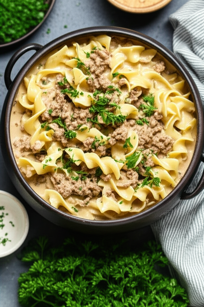 Creamy Hamburger Stroganoff in a pot