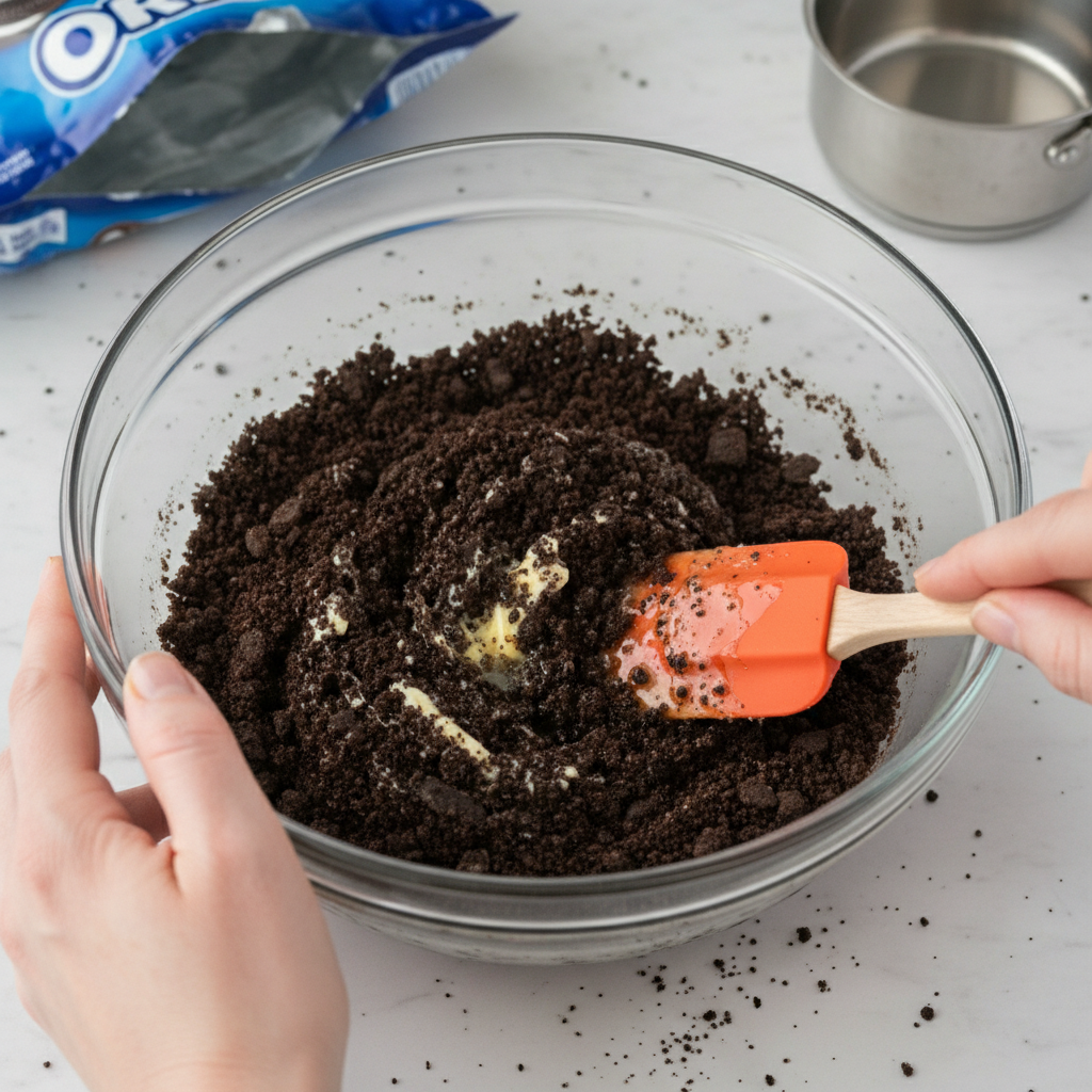 Mixing Oreo crumbs and melted butter for crust