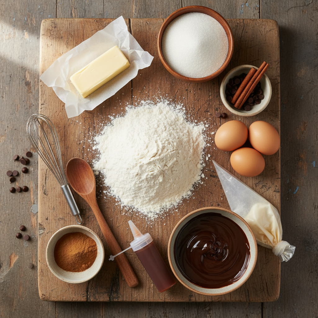 Ingredients for churros and coffee chocolate sauce