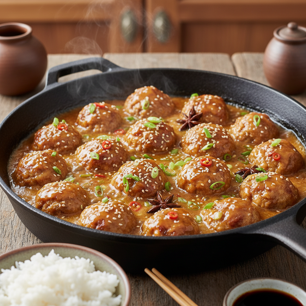 Asian-glazed meatballs served with white rice, sesame seeds, and green onions on top