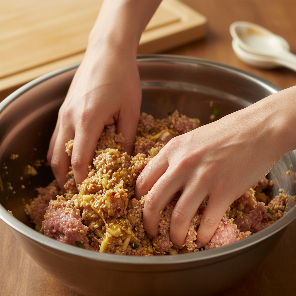 Mixing turkey meatball mixture