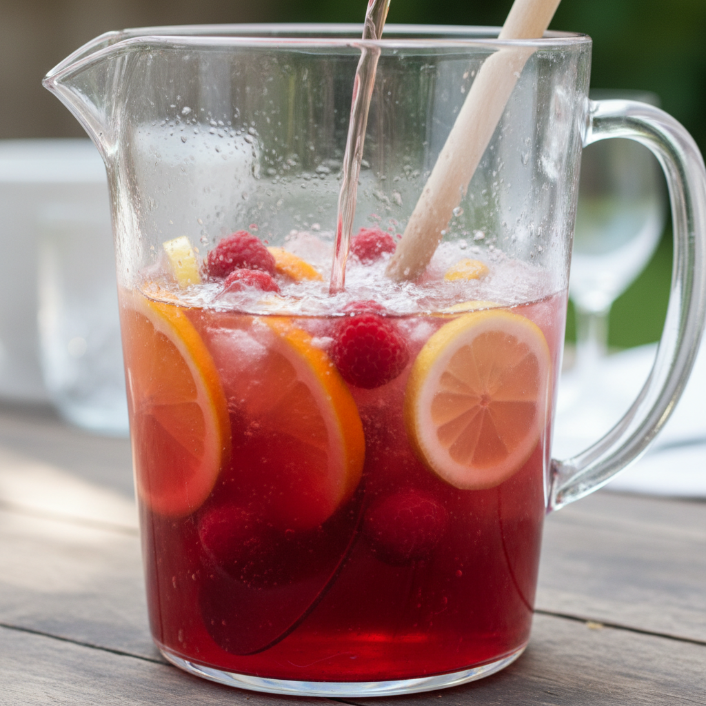 Pouring cold rosé wine over fresh fruit in a glass pitcher