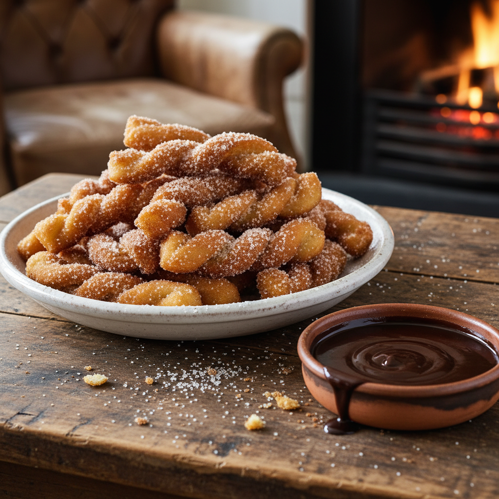 Serving churros with coffee chocolate sauce