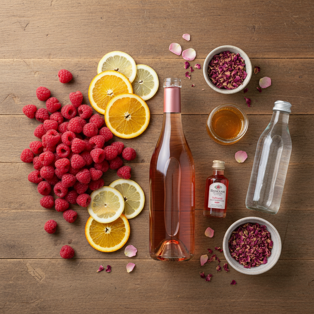 Ingredients for Raspberry Rose Sangria including raspberries, citrus, and rosé wine