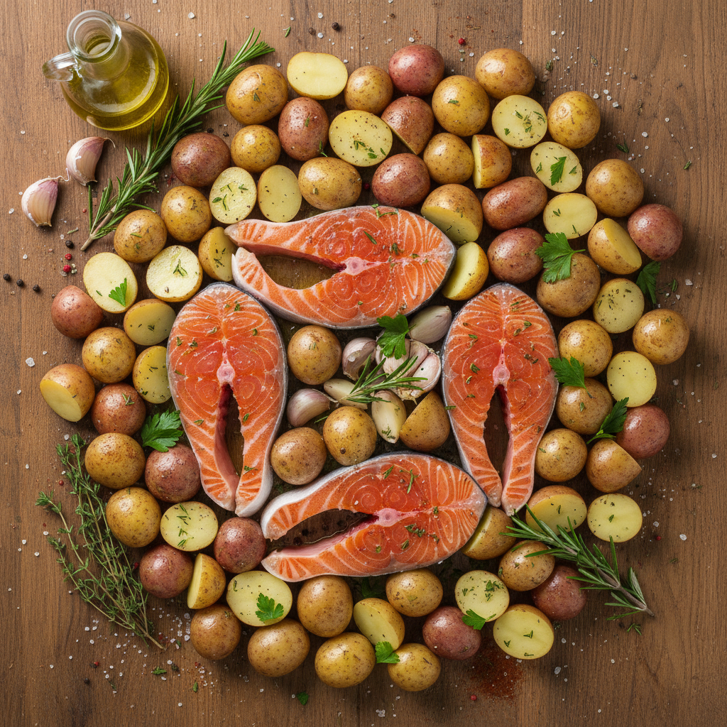 Ingredients for baked salmon with honey Dijon garlic chili sauce glaze and vegetables