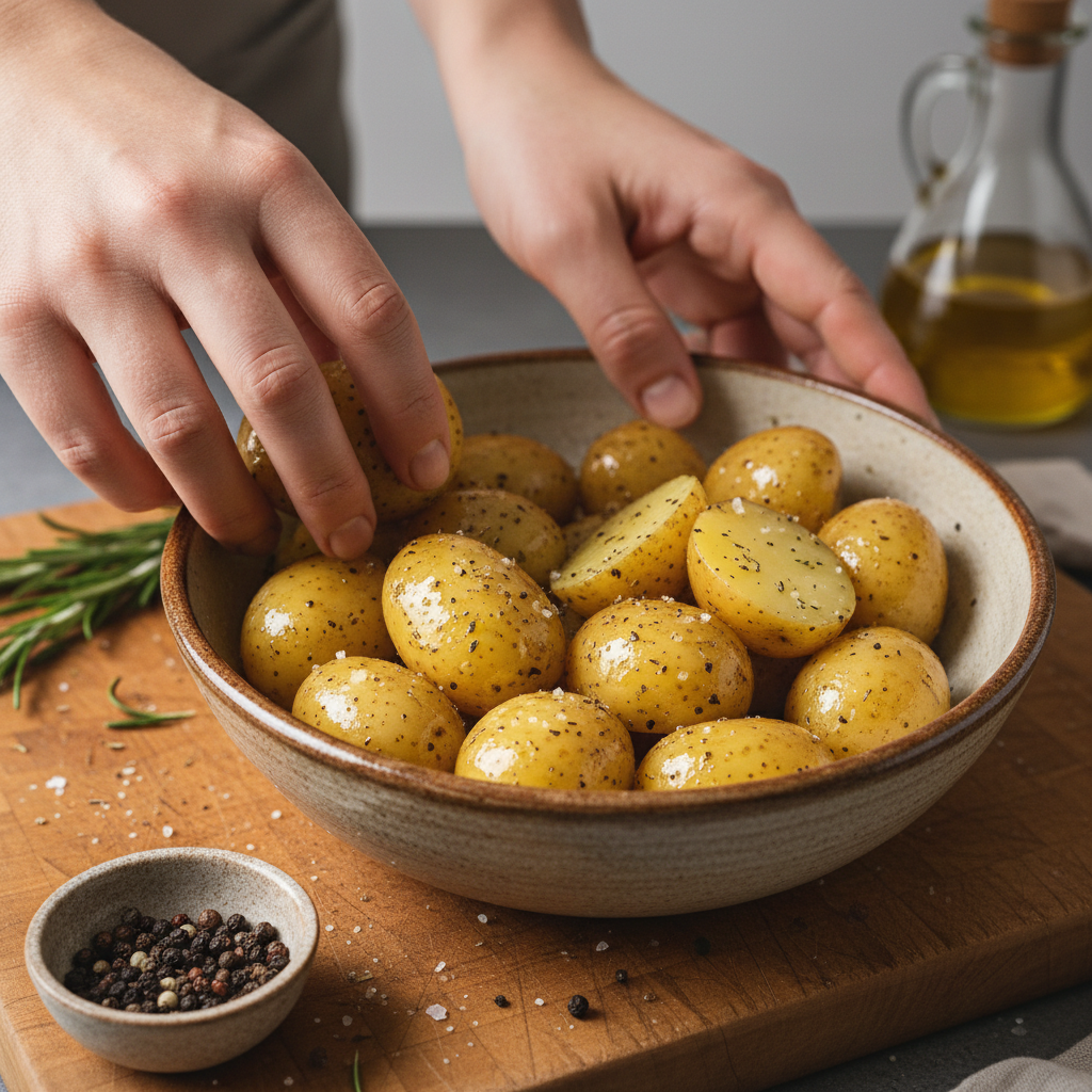 Mixing and coating potatoes and salmon with sauce on sheet pan