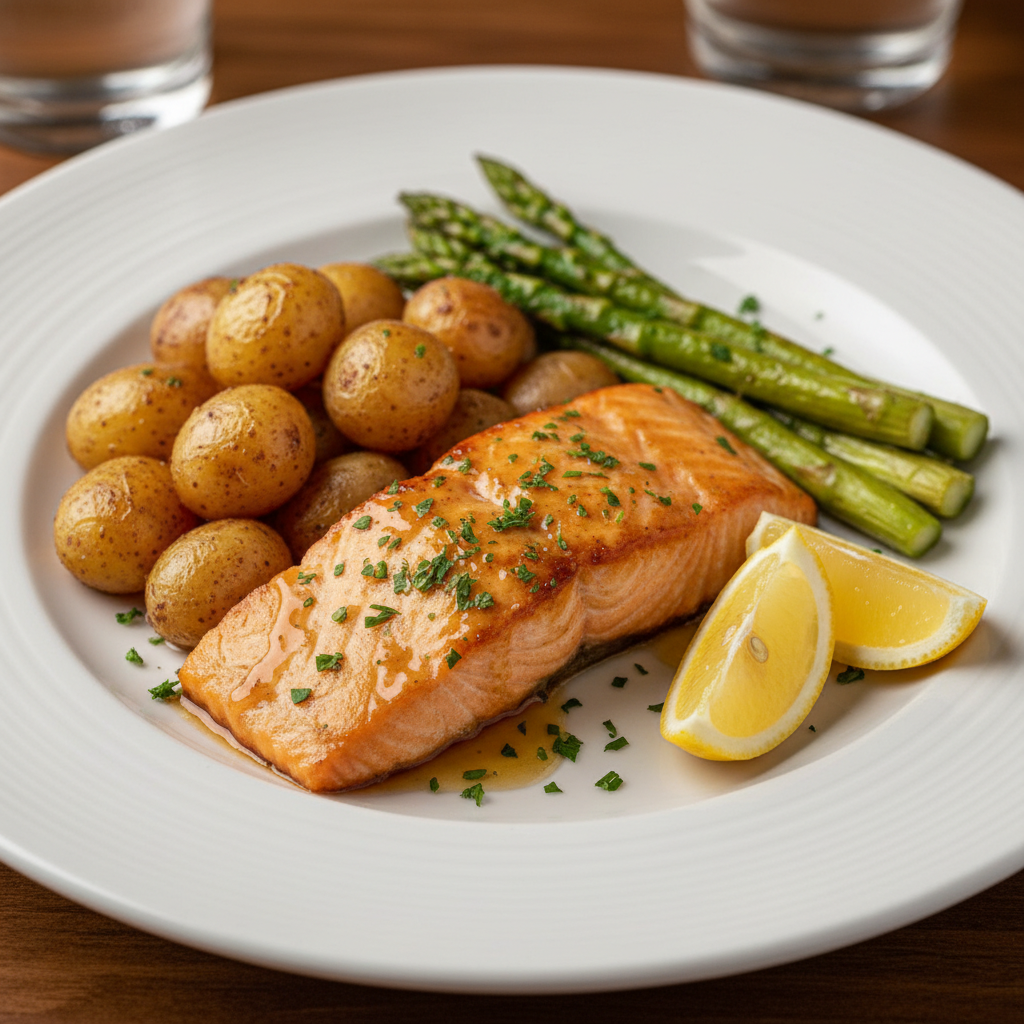 Baked salmon with honey Dijon garlic chili sauce served with lemon slices and parsley