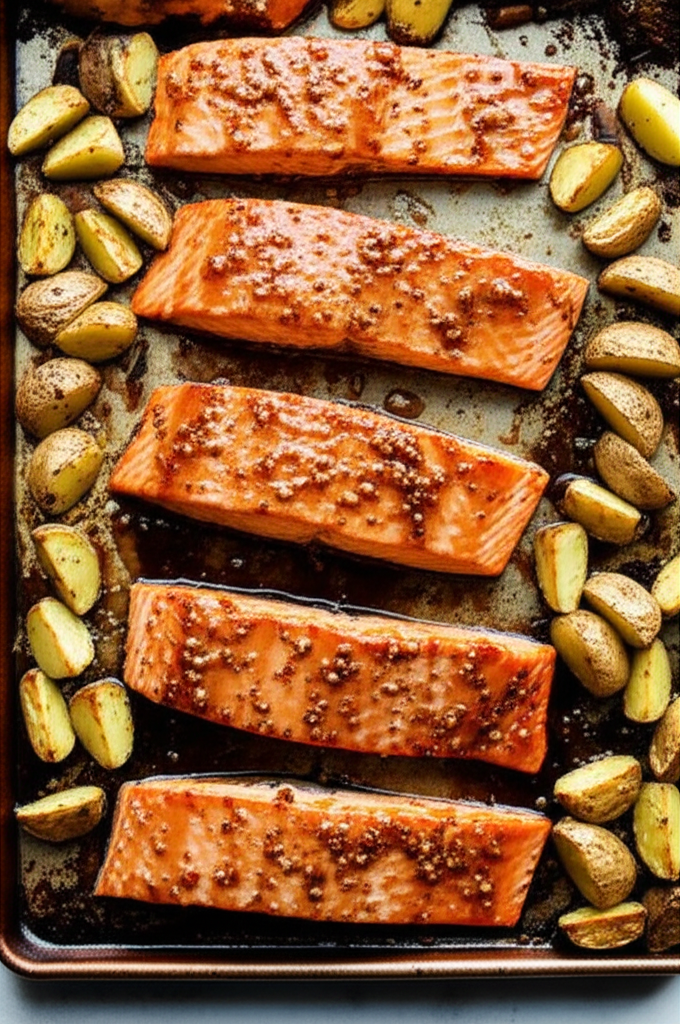 Tender baked salmon with honey Dijon garlic chili sauce glaze and vegetables on a sheet pan