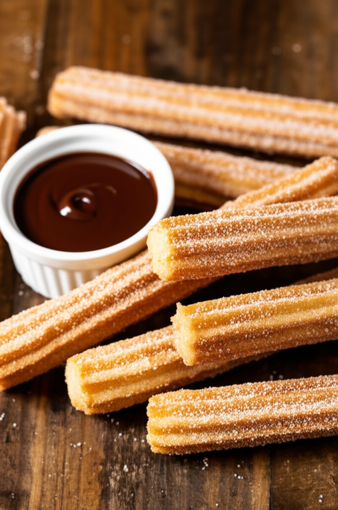 Homemade cinnamon churros with coffee chocolate sauce