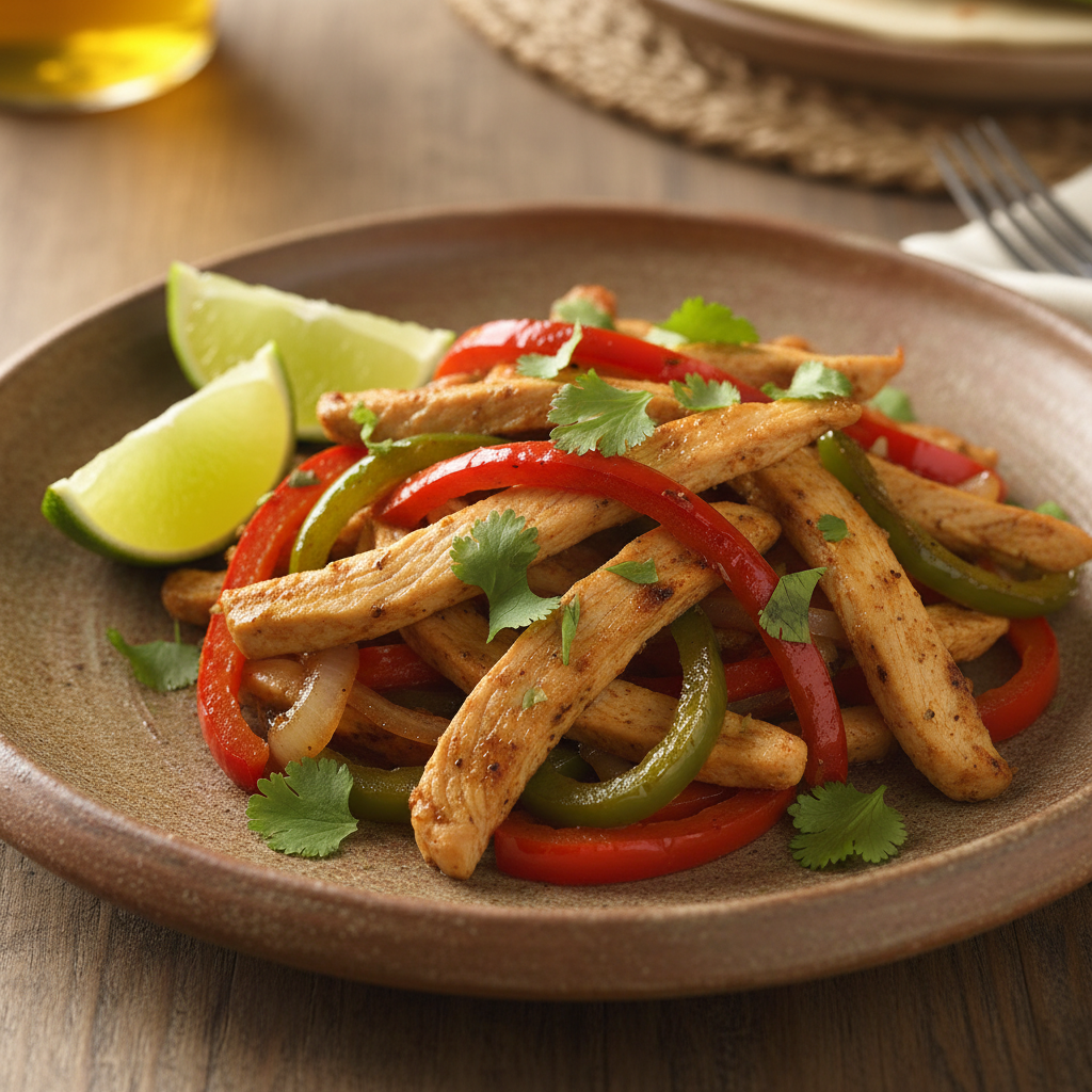 Served chicken fajitas with toppings and lime wedges