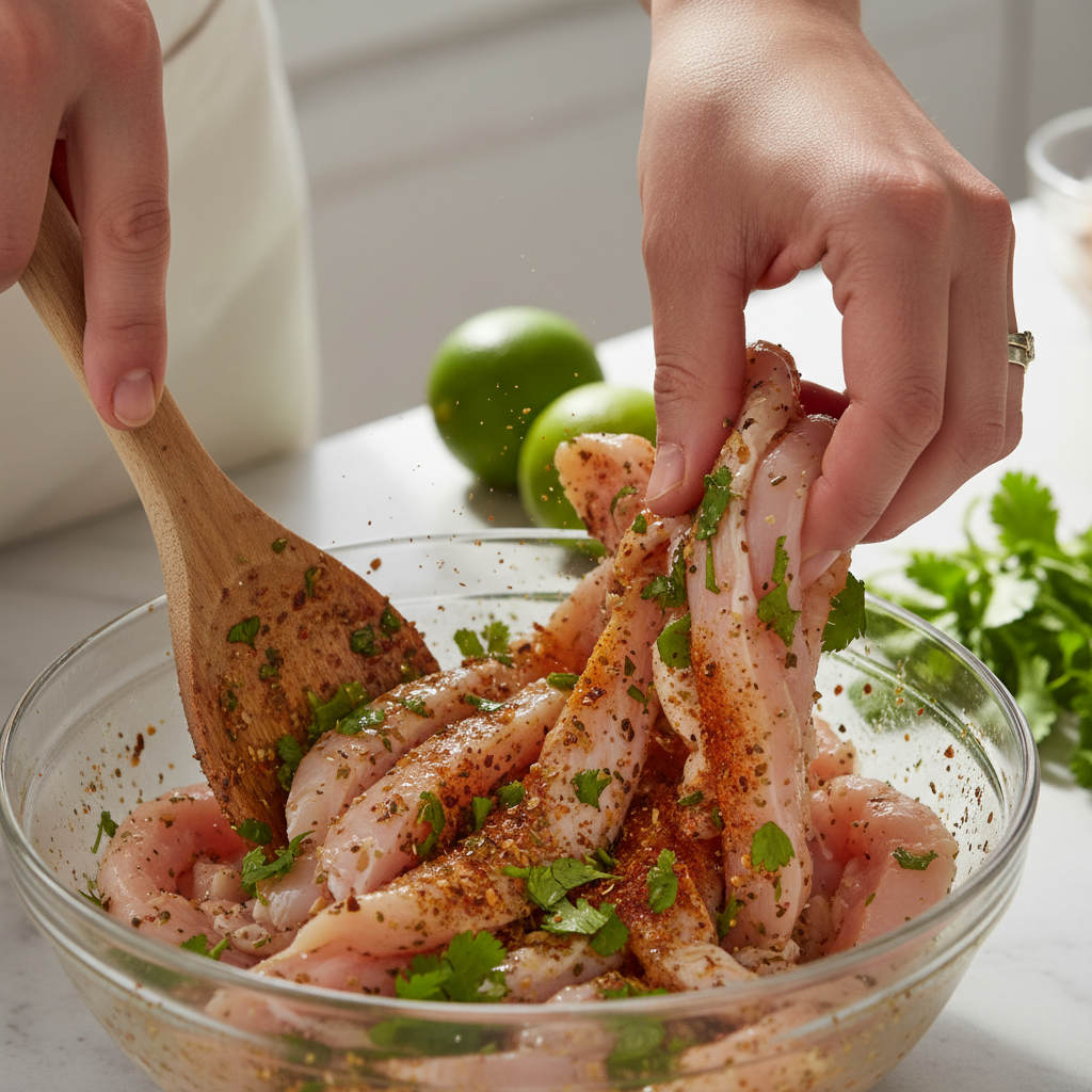 Chicken being mixed with marinade ingredients