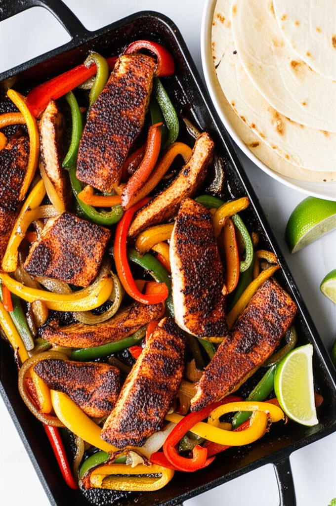 Chicken fajitas ingredients colorful peppers and onions