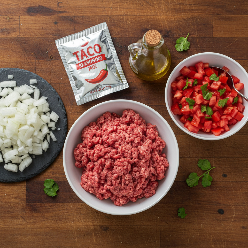 Close-up of ground beef, onions, and taco seasoning