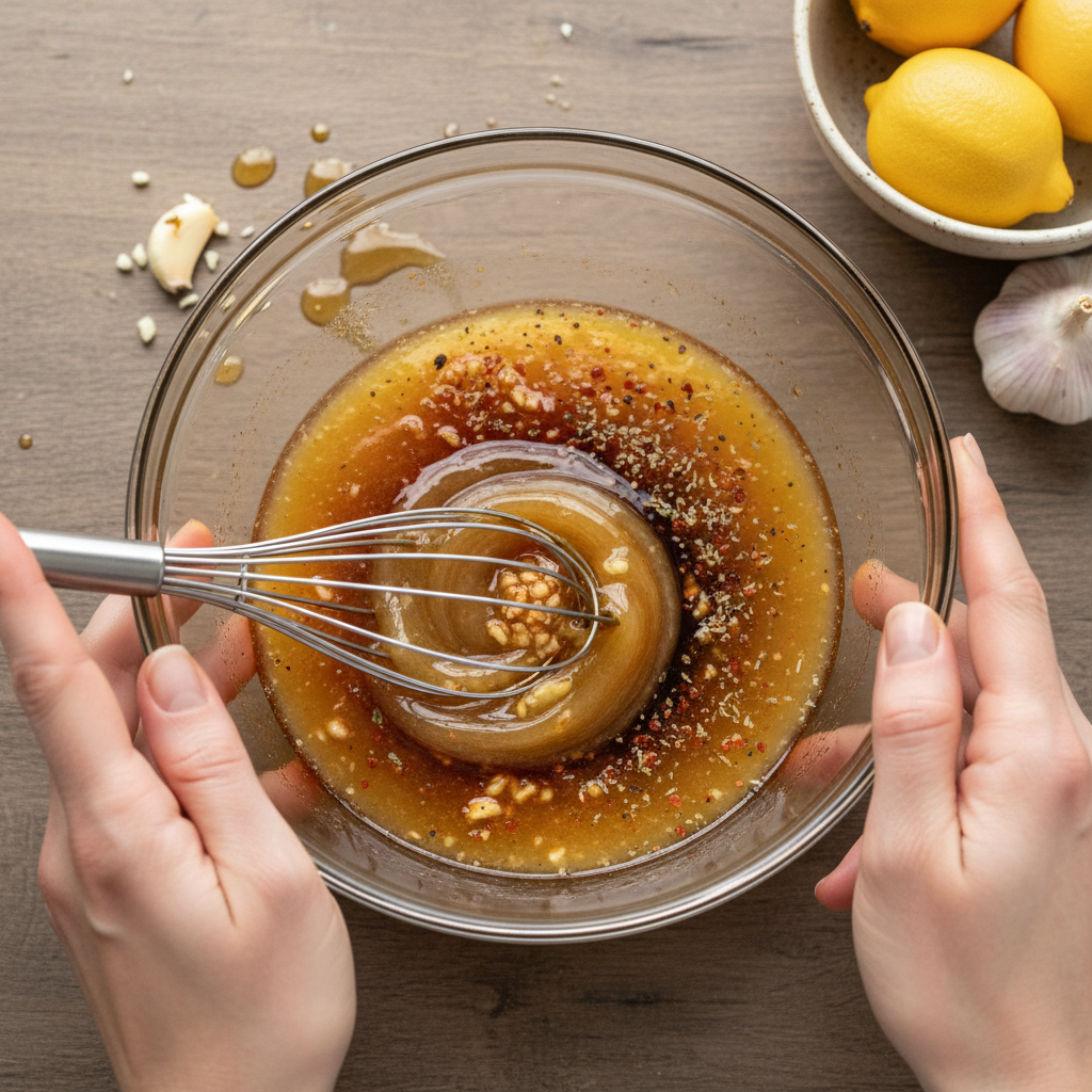 Mixing honey garlic sauce in bowl