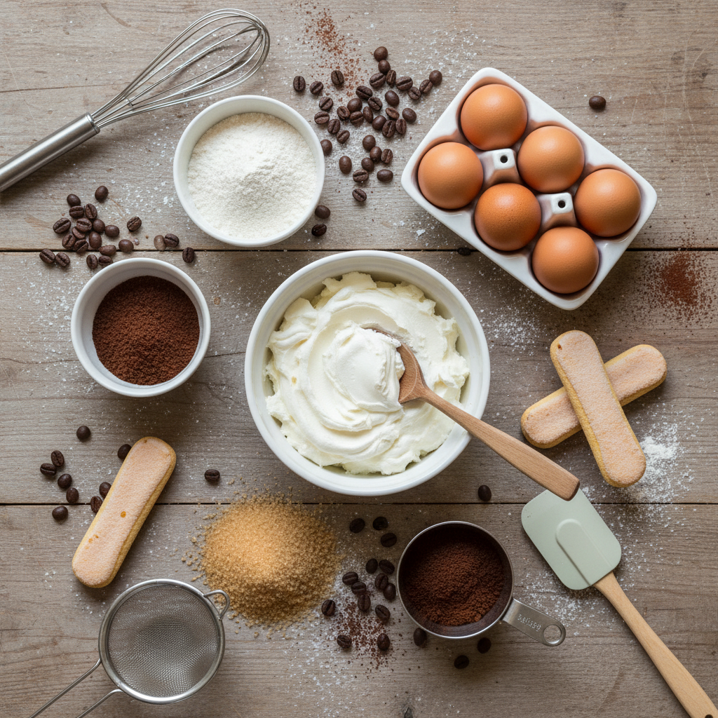 Ingredients and tools to prepare Tiramisu Cookie Sandwiches